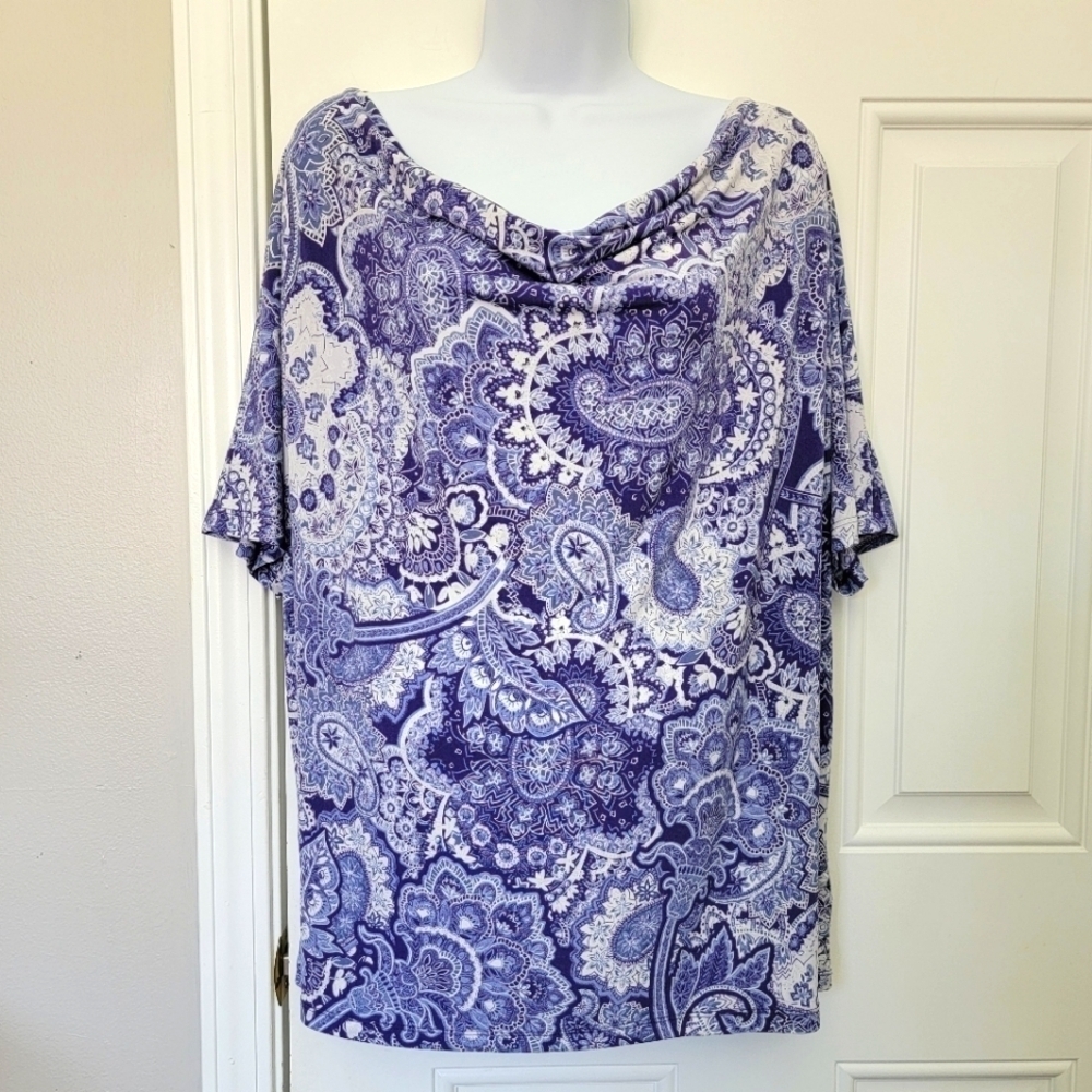 Tahari Short Sleeve Rayon Blouse Paisley Print Blue White Cowl Neck Stretch 1X